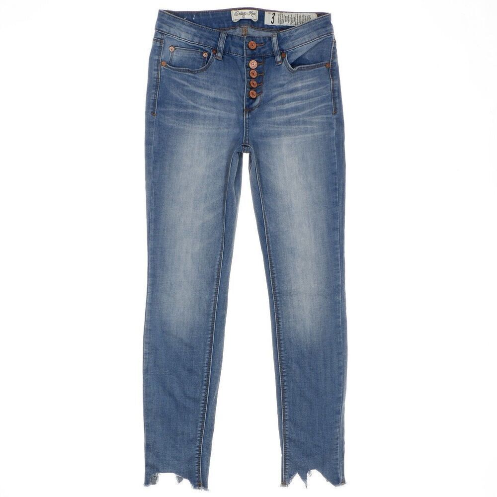 Indigo Rein Ankle Exposed Button Fly Jeans Size 3 Juniors Blue Stretch 25 x 25